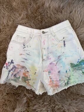 White Paint-Splatter High-Waist Denim Shorts